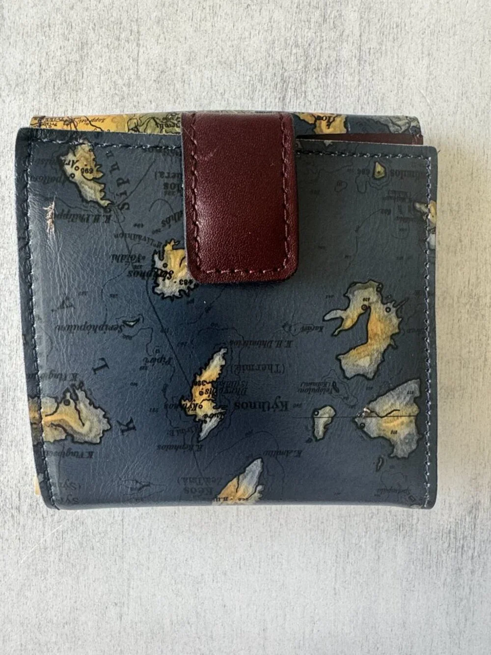 Patricia Nash Astra Greek Map Folding Artistic Leather RFID Wallet Blue Tan